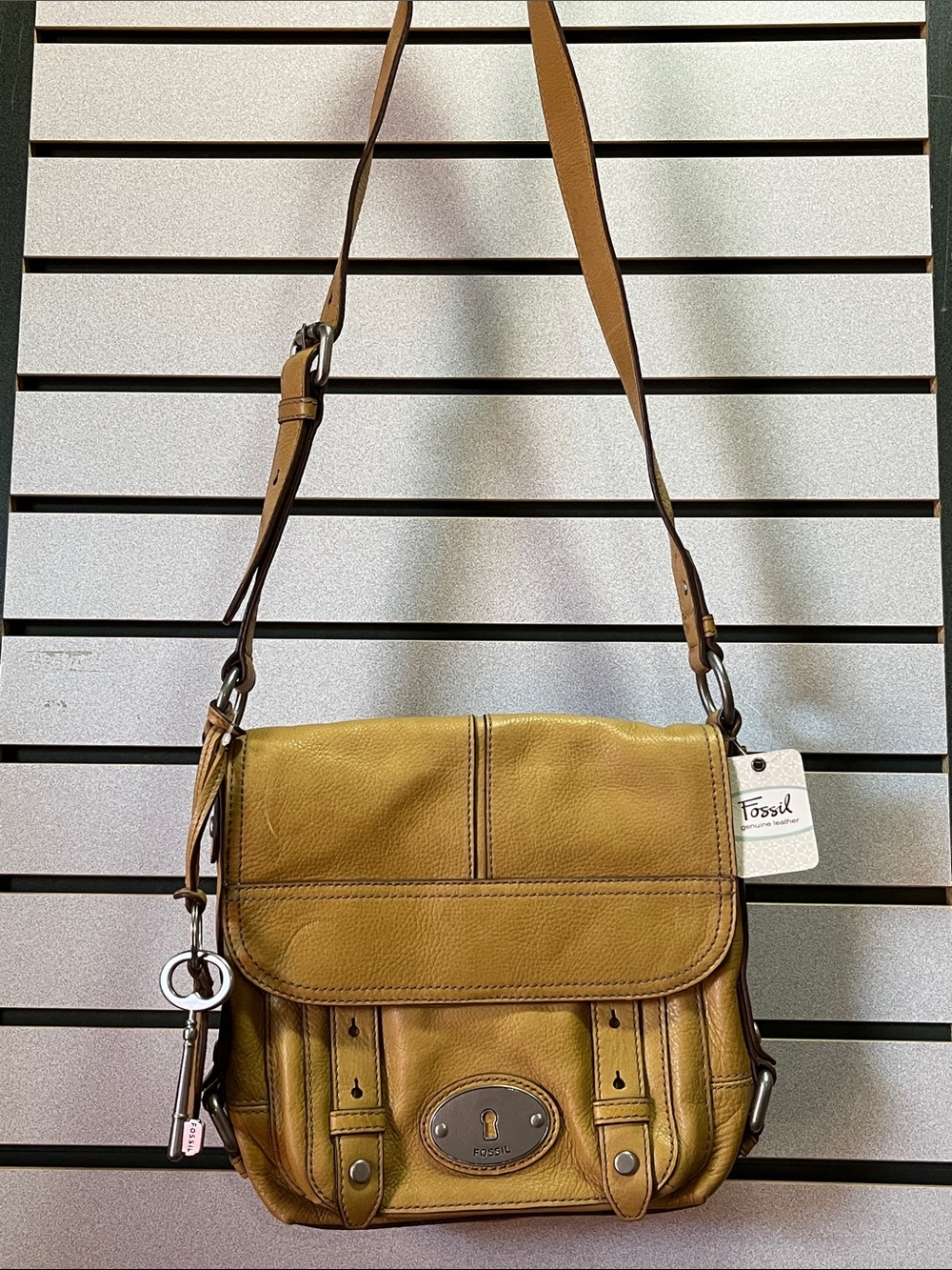 Fossil Yellow-Tan Leather Crossbody Satchel